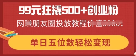 99元狂撬500+创业粉，单日五位数轻松变现，网创朋友圈投放教程-小七网创